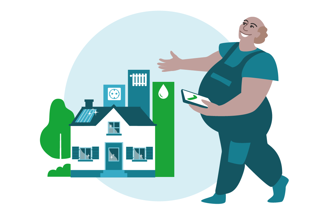 Person, die alle Energieverbräuche des eigenen Hauses im Blick behält (Illustration)