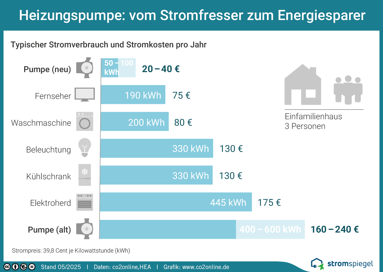 nfografik zur Energieeinsparung durch moderne Heizungspumpen.