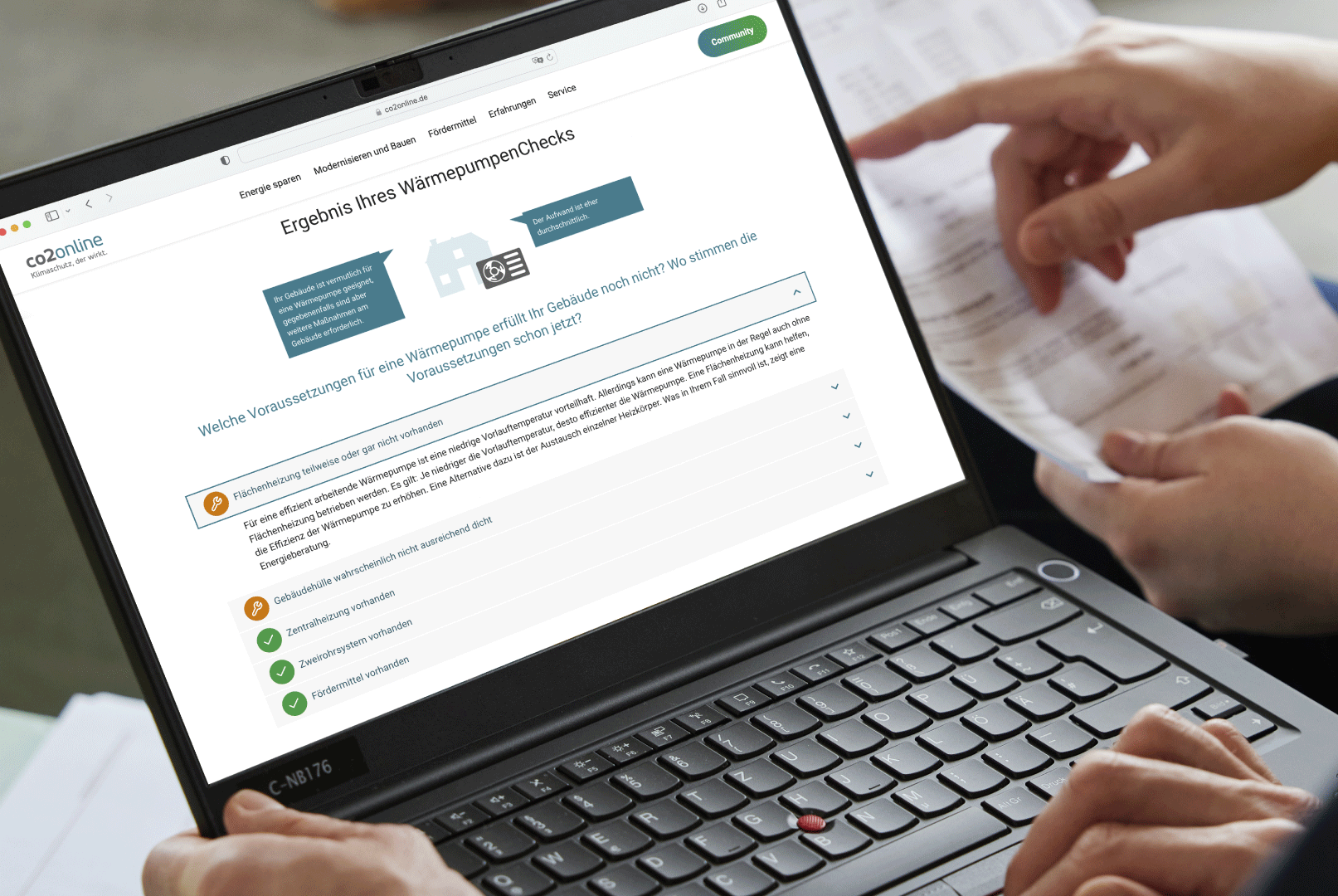  	Man sieht einen beispielhaften Ausschnitt der Ergebnisseite nach durchlaufenem WärmepumpenCheck.