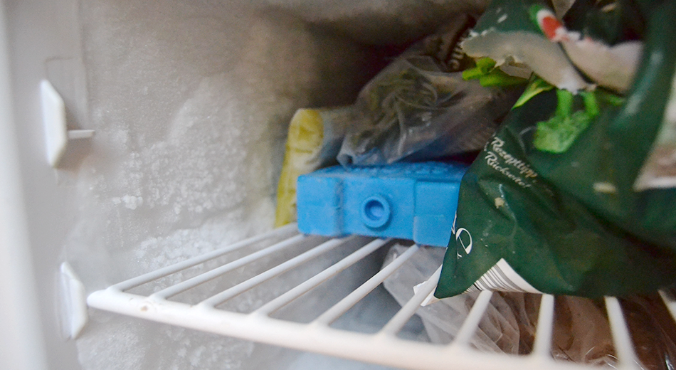 Kühlschrank, der abgetaut wird in welchem gefrorenes Gemüse zu sehen ist.