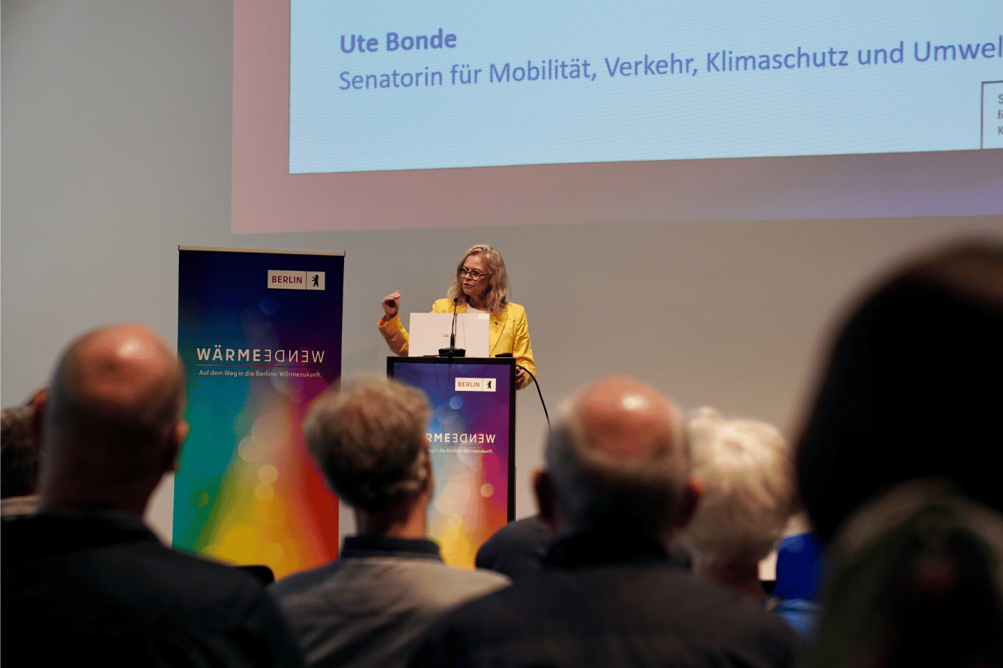 Eine Frau steht auf der Bühne und hält einen Vortrag.