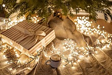 Lichterkette, Weihnachtsbaum, Geschenk und ein Heißgetränk.