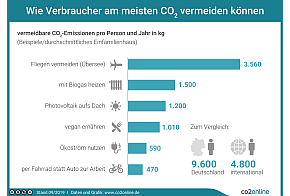 Wie Verbraucher am meisten CO2 vermeiden können – Balkendiagramm mit Beispielen in kg CO2 pro Person und Jahr: Fliegen vermeiden (Übersee): 3.560; mit Biogas heizen: 1.500; Photovoltaik aufs Dach: 1.200; vegan ernähren: 1.010; Ökostrom nutzen: 590; per Fahrrad statt Auto zur Arbeit: 470 – und zum Vergleich die Gesamtzahlen: 9.6000 in Deutschland, 4.800 international